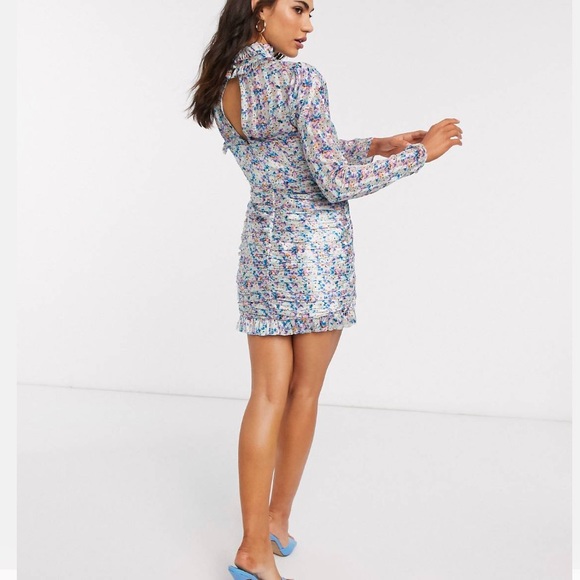 ASOS Design Floral Cupped Tie Neck Structured Ruched Mini - Picture 2 of 12